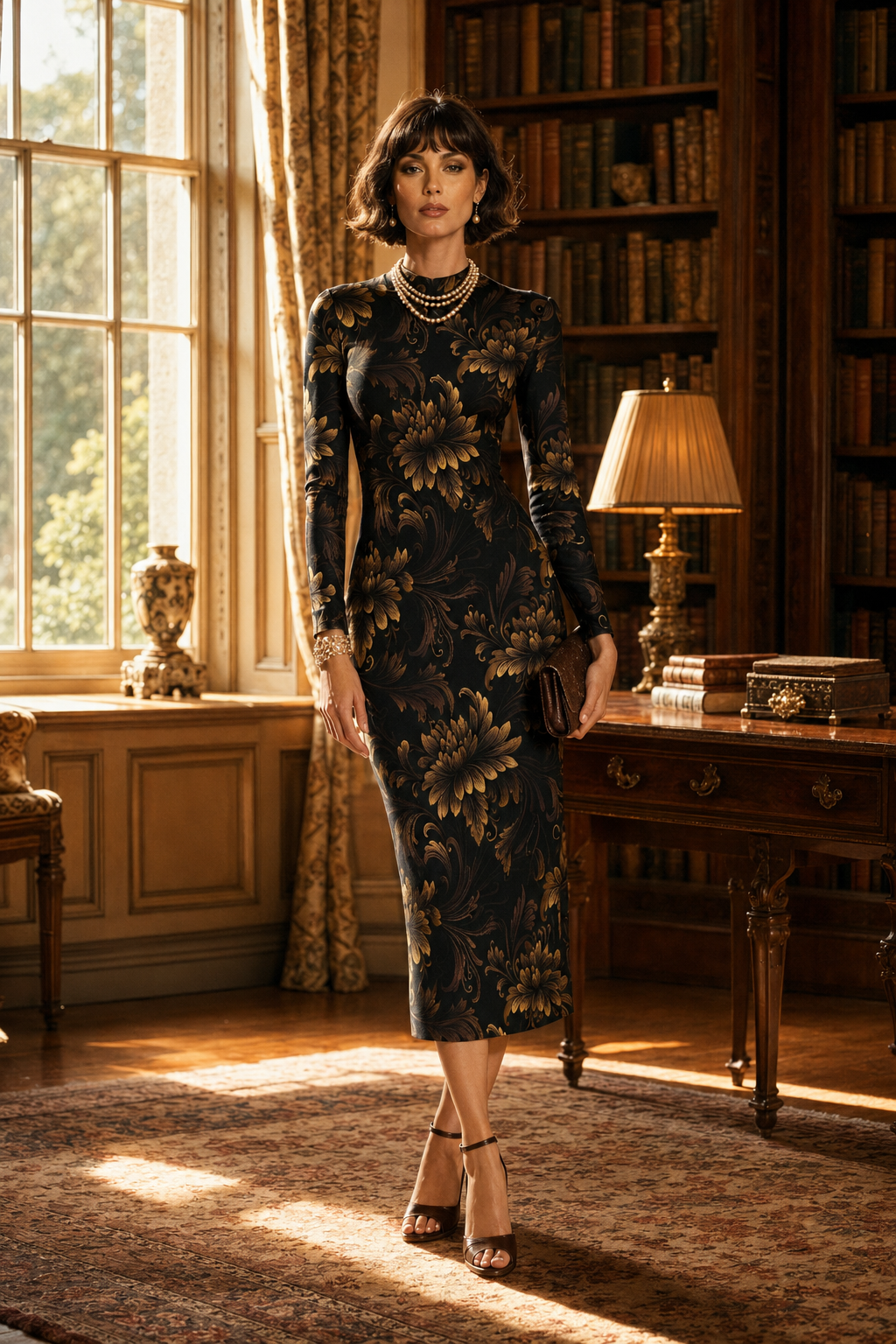 Brown Floral Baroque High Neck midi dress elegant evening outfit with long sleeves