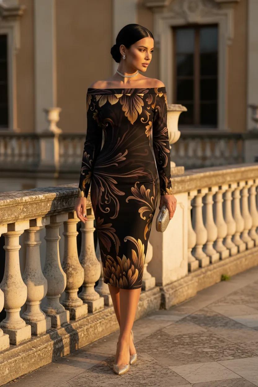 Brown Gold Baroque Off-Shoulder Baroque bodycon dress elegant evening outfit