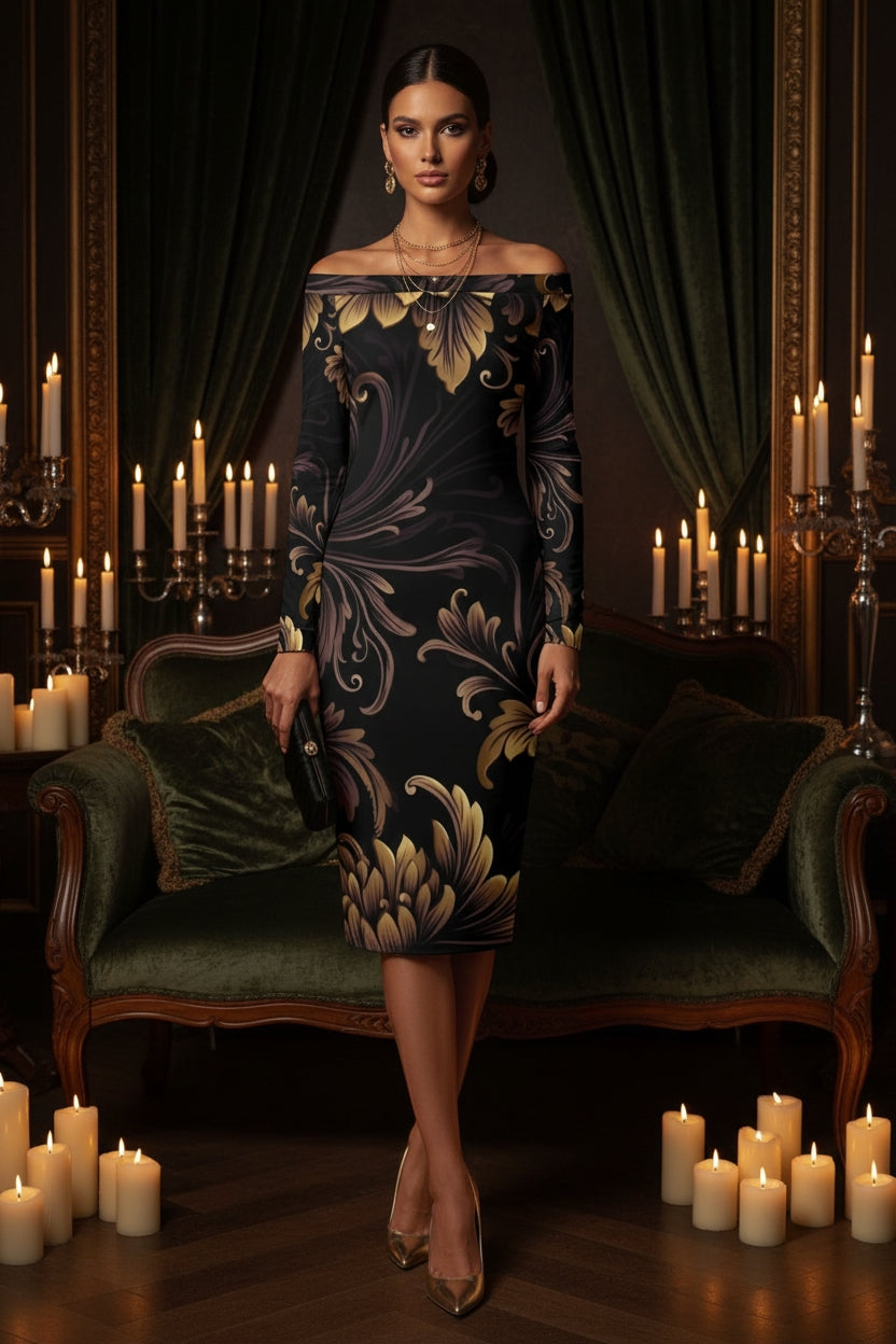Brown Gold Baroque Off-Shoulder Baroque Bodycon Dress elegant evening outfit with long sleeves