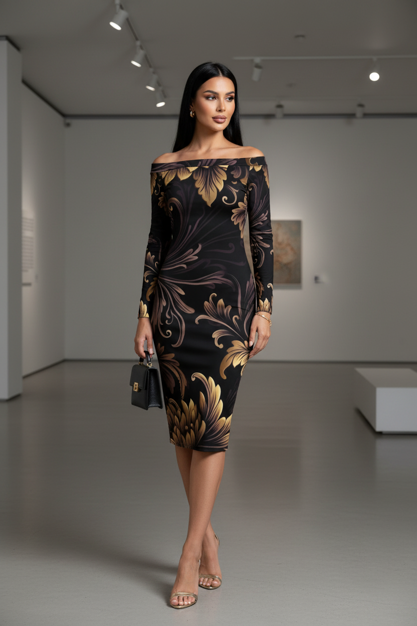 Brown Gold Baroque Off-Shoulder Baroque bodycon dress Elegant Evening Outfit