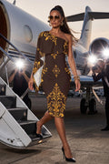 Brown Gold baroque one shoulder midi dress Elegant evening outfit with stylish details