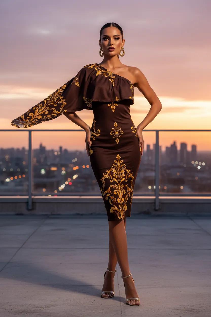 Brown Gold Baroque One Shoulder Midi Dress Elegant Evening Outfit with Unique Sleeve