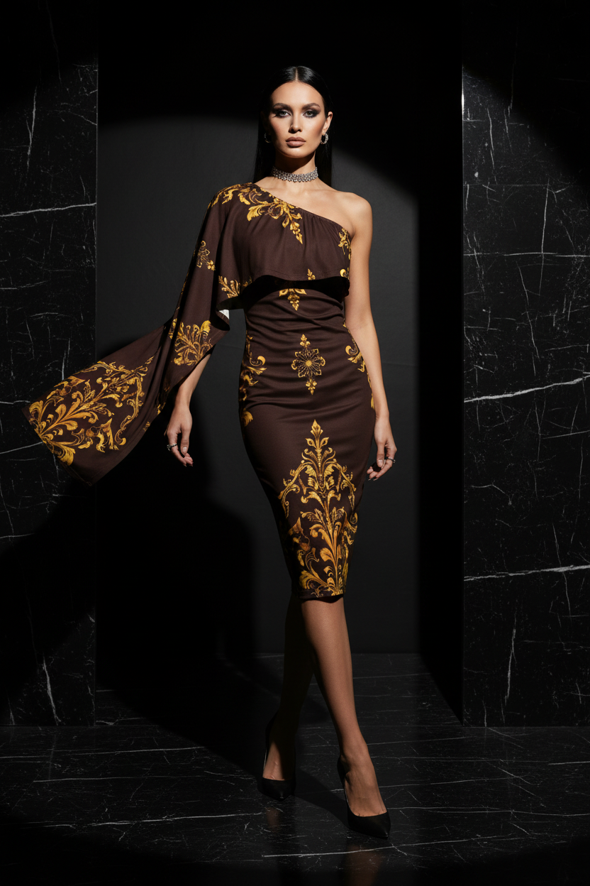 Brown Gold Baroque One Shoulder Midi Dress Elegant Evening Outfit with Flowing Sleeve