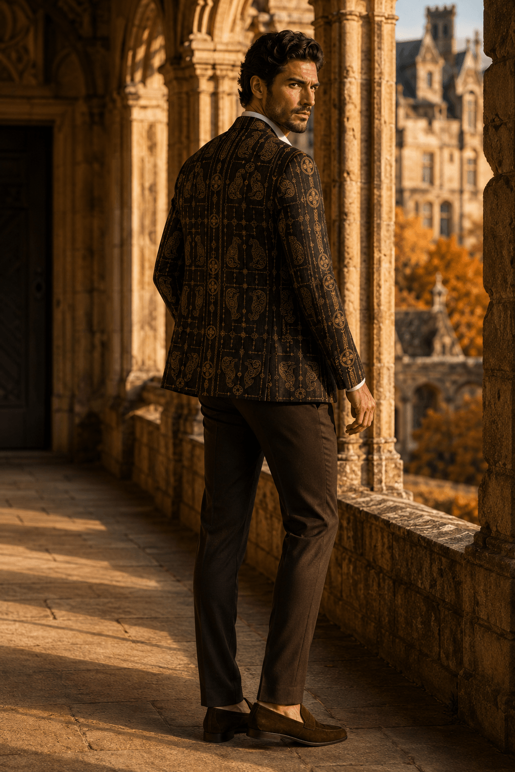 Brown & Gold Pictish clothes mens Fall jacket elegant outfit for evening occasions
