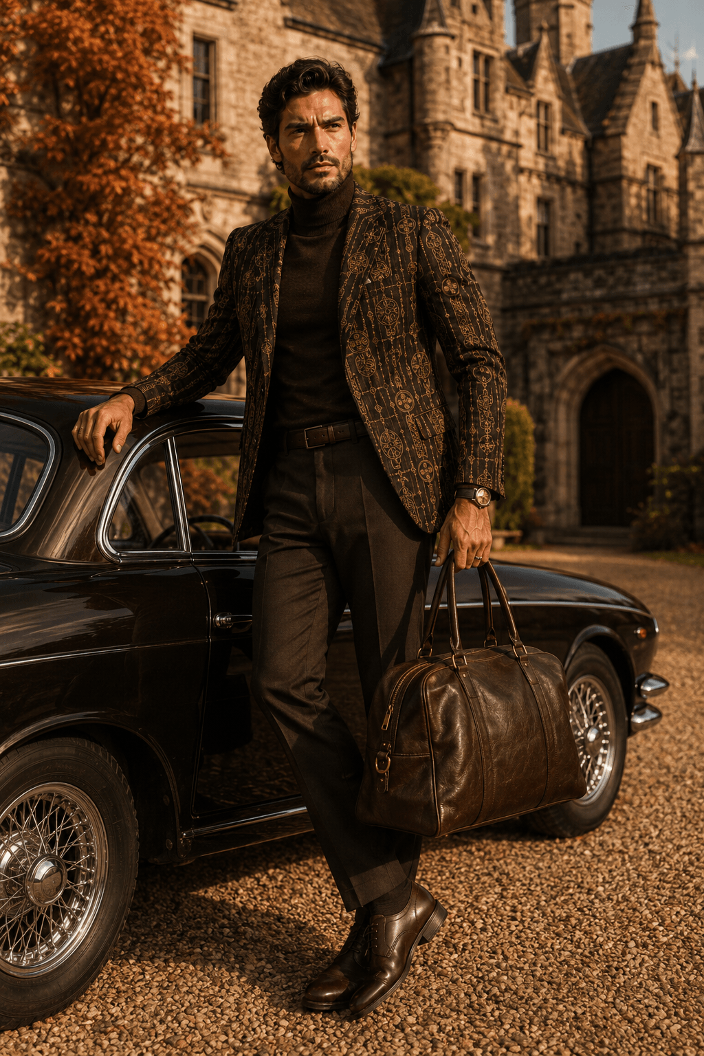 Brown & Gold Pictish Clothes Mens Fall Jacket Elegant Evening Outfit with Leather Bag