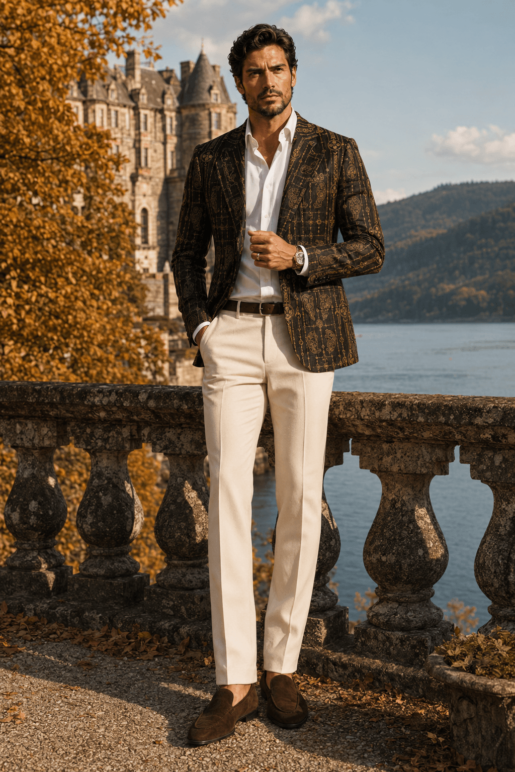 Brown & Gold Pictish clothes mens Fall jacket Elegant outfit for evening and autumn style