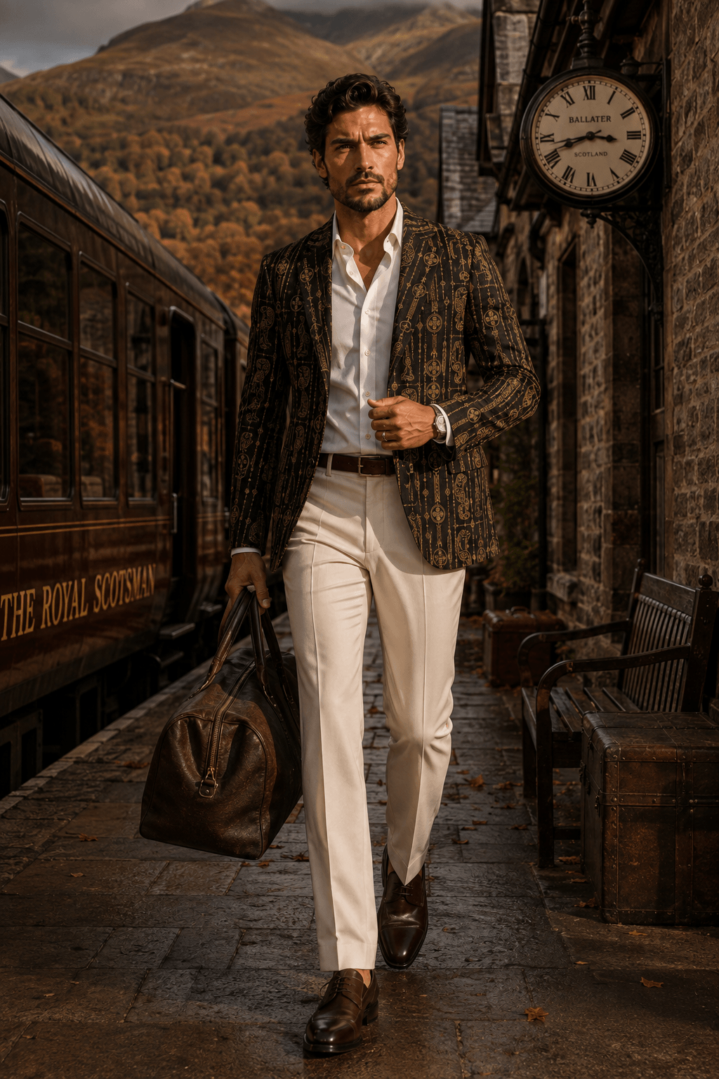 Brown & Gold Pictish clothes mens Fall jacket with elegant outfit for evening wear