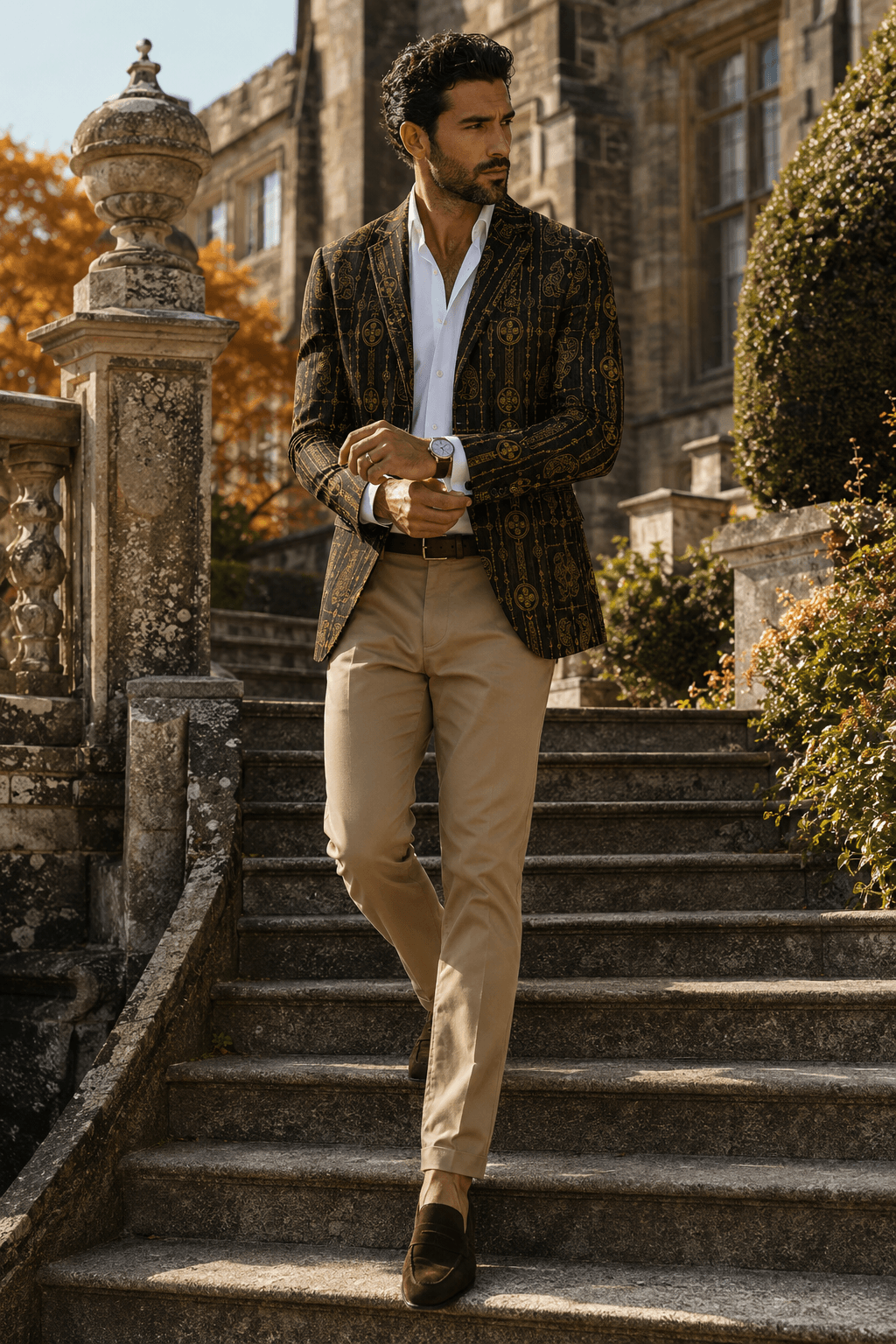 Brown & Gold Pictish clothes mens Fall jacket with Elegant Outfit for Evening Wear