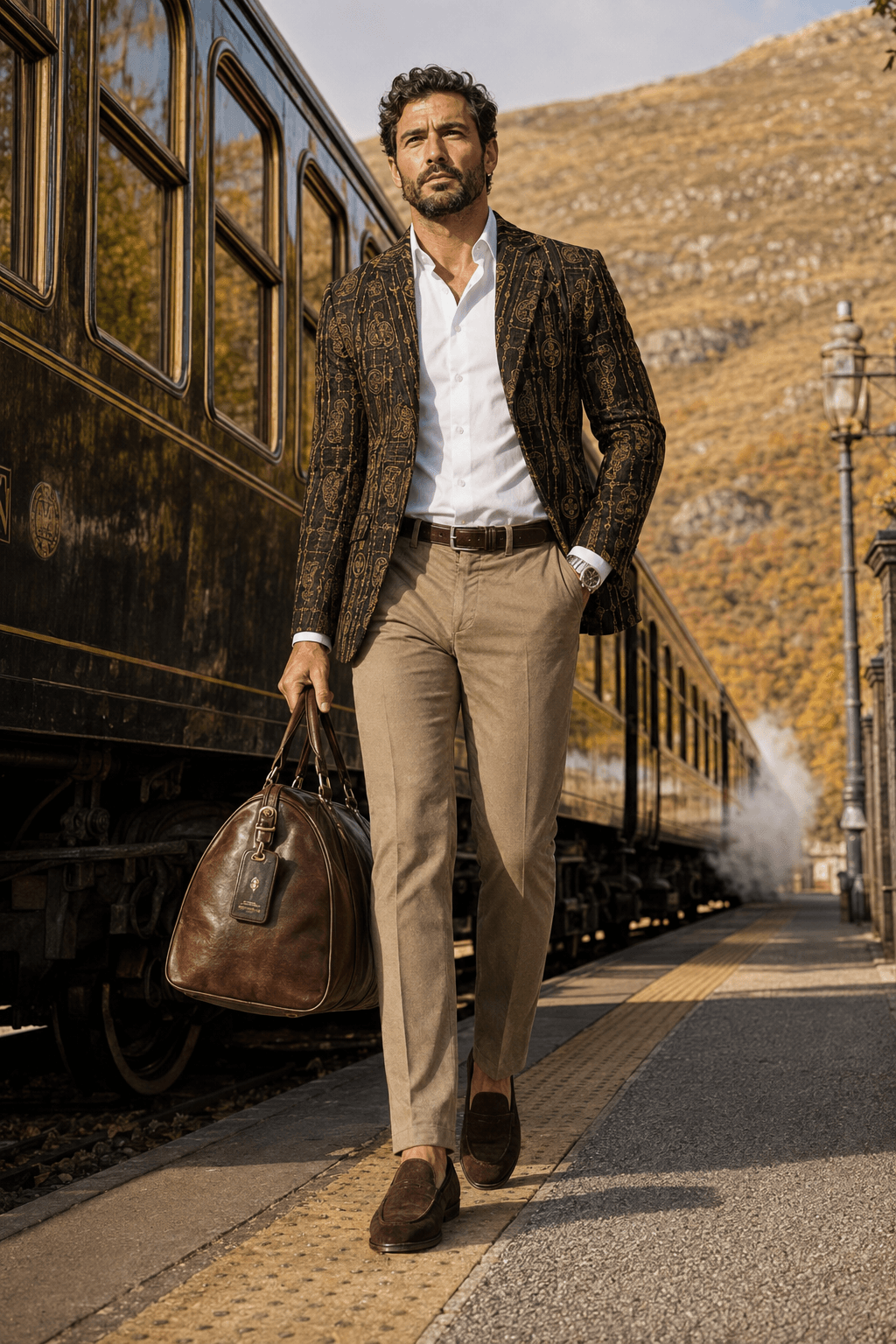 Brown & Gold Pictish clothes mens Fall jacket Elegant outfit for evening and travel