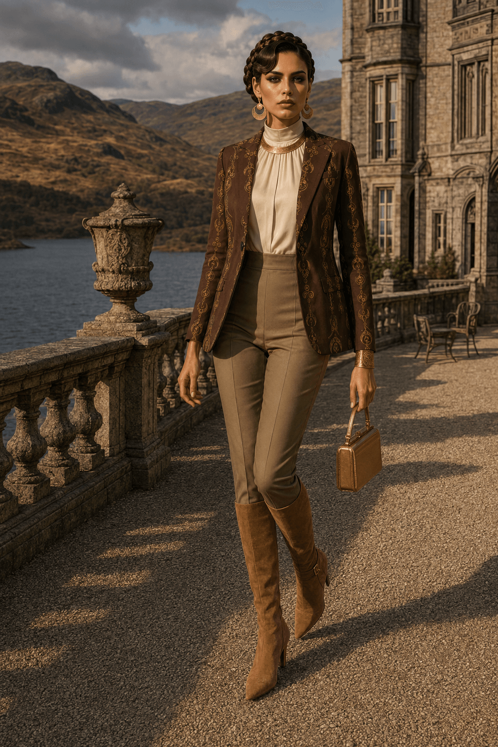 Brown & Gold Pictish Ornament womens blazer jacket elegant outfit for evening wear