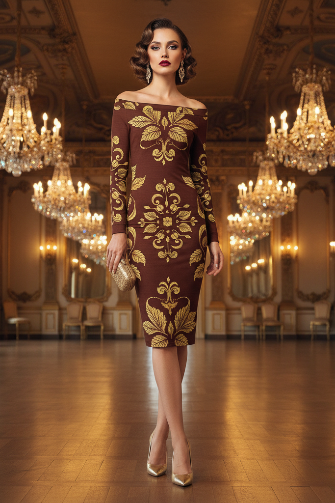 Brown-Golden Leaf-Baroque Off The Shoulder Bodycon Dress Elegant Evening Outfit