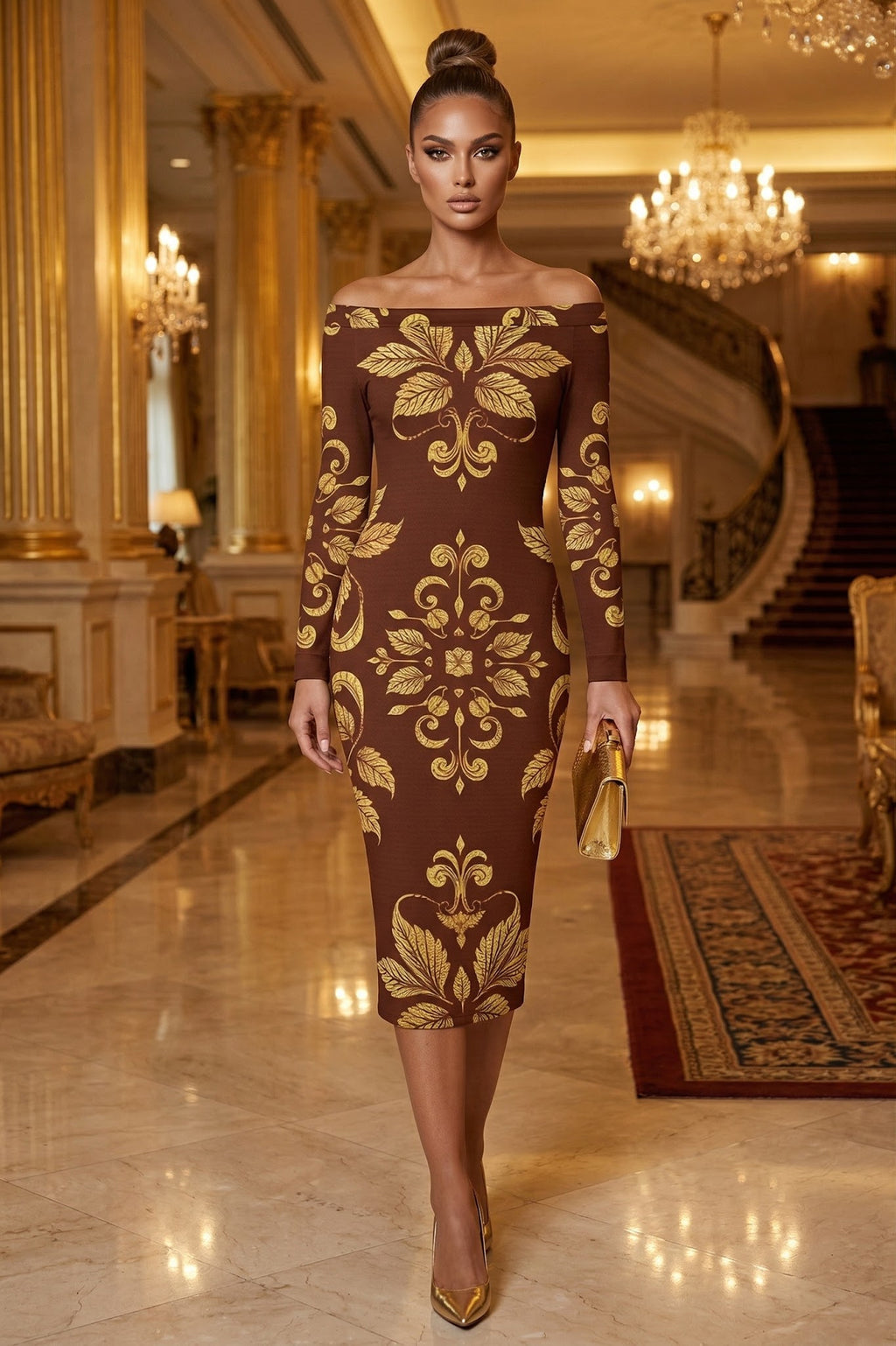 Brown-Golden Leaf-Baroque Bodycon Dress Elegant Evening Outfit Long Sleeve Fitted Design