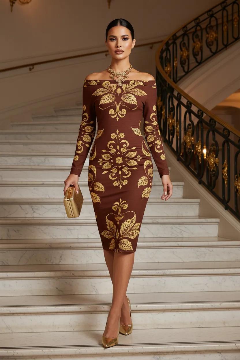 Brown- Golden Leaf-Baroque bodycon dress elegant evening outfit with off shoulder design