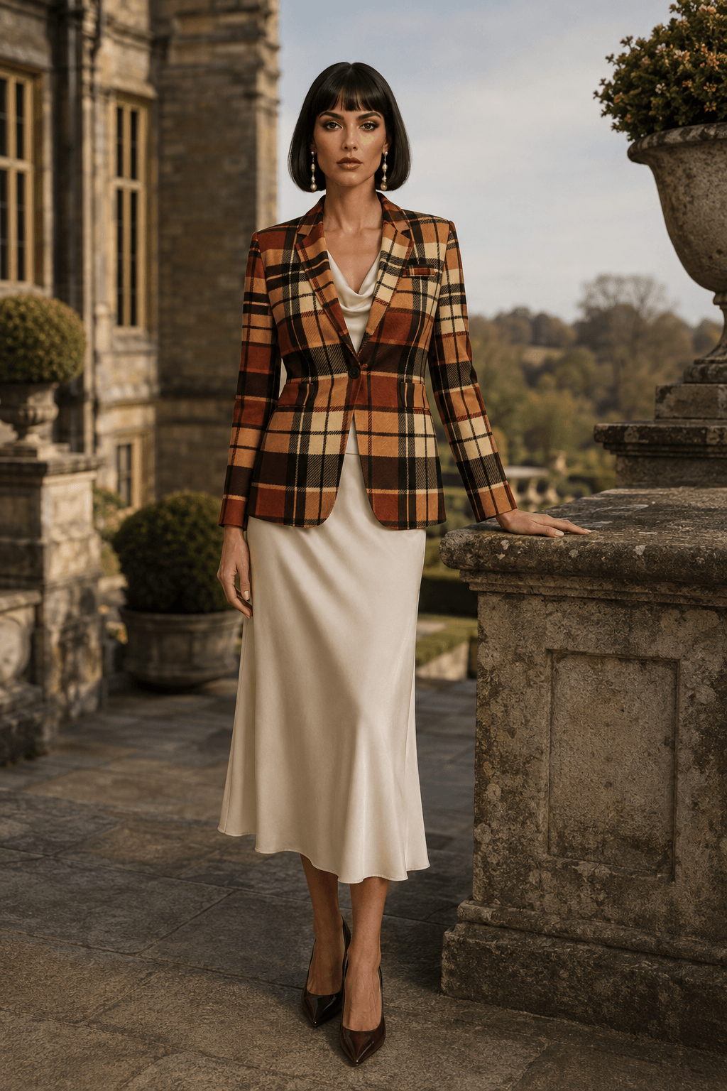 Elegant women’s brown plaid blazer featuring warm camel, cream, black and rust tartan tones, styled with sophisticated separates for an English country inspired autumn outfit with a structured tailored silhouette.