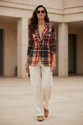 Blush Rose & Burgundy cotton blazer Elegant evening outfit with plaid design