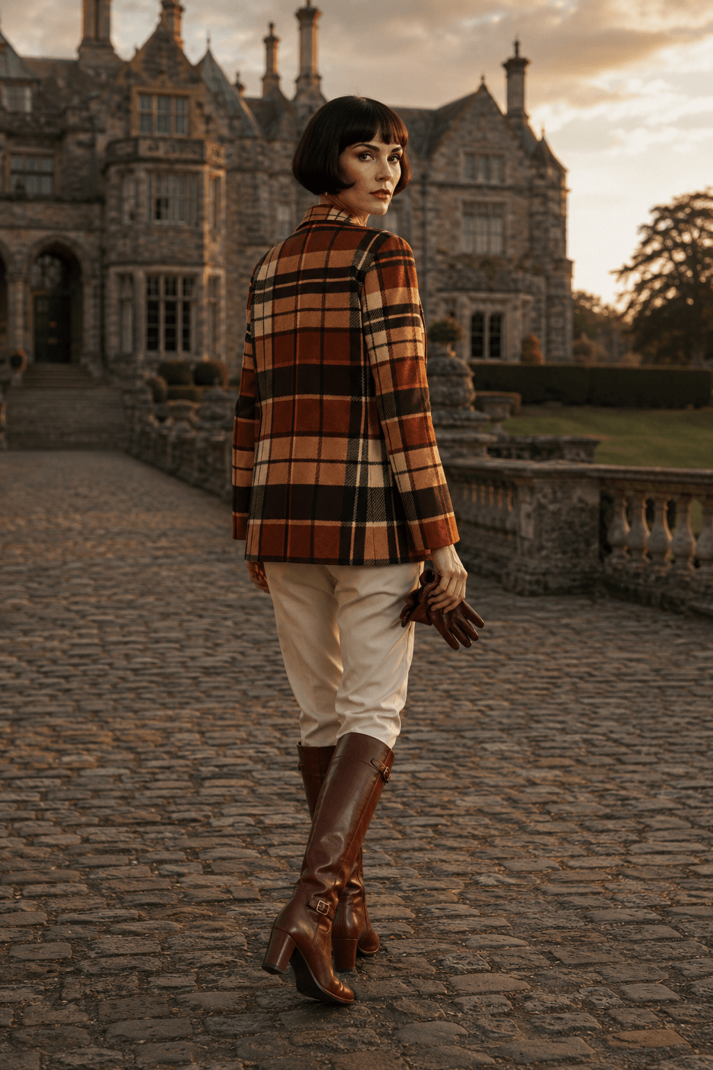 Over-the-shoulder fashion image of a woman in a fitted brown tartan blazer standing in a castle garden, styled with an elegant full autumn look. The blazer appears polished, smooth and perfectly tailored, with the back view emphasizing the refined silhouette and luxury heritage-inspired design.