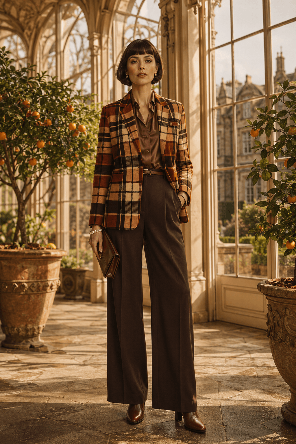 Elegant woman wearing a tailored brown tartan blazer on castle steps, styled with an equestrian-inspired autumn outfit in warm brown tones. The blazer looks sleek, fitted and wrinkle-free, with a defined shape that makes it the focal point of this luxury countryside fashion campaign.