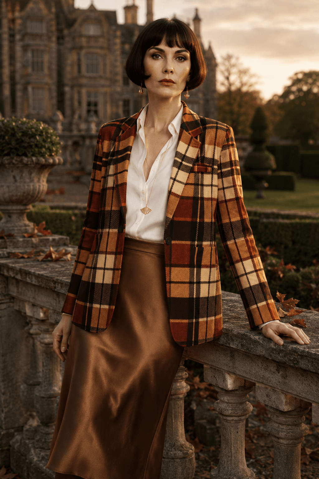 Luxury womenswear campaign image featuring a woman in a fitted brown tartan blazer styled in front of a fireplace inside a grand country house. The structured blazer looks crisp and wrinkle-free, paired with elegant trousers and statement accessories for a polished autumn fashion look.