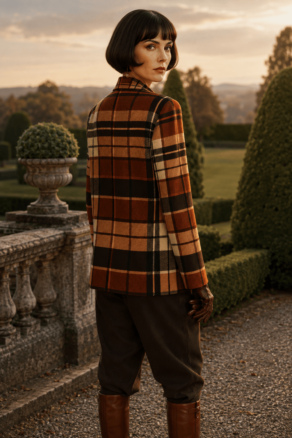 Luxury fashion portrait of a woman in a fitted brown tartan blazer beside a scenic Highlands lake, styled with an elegant autumn outfit. The blazer has a clean, tailored shape with a smooth finish and flattering fit, creating a refined Scottish country fashion look with elevated seasonal styling