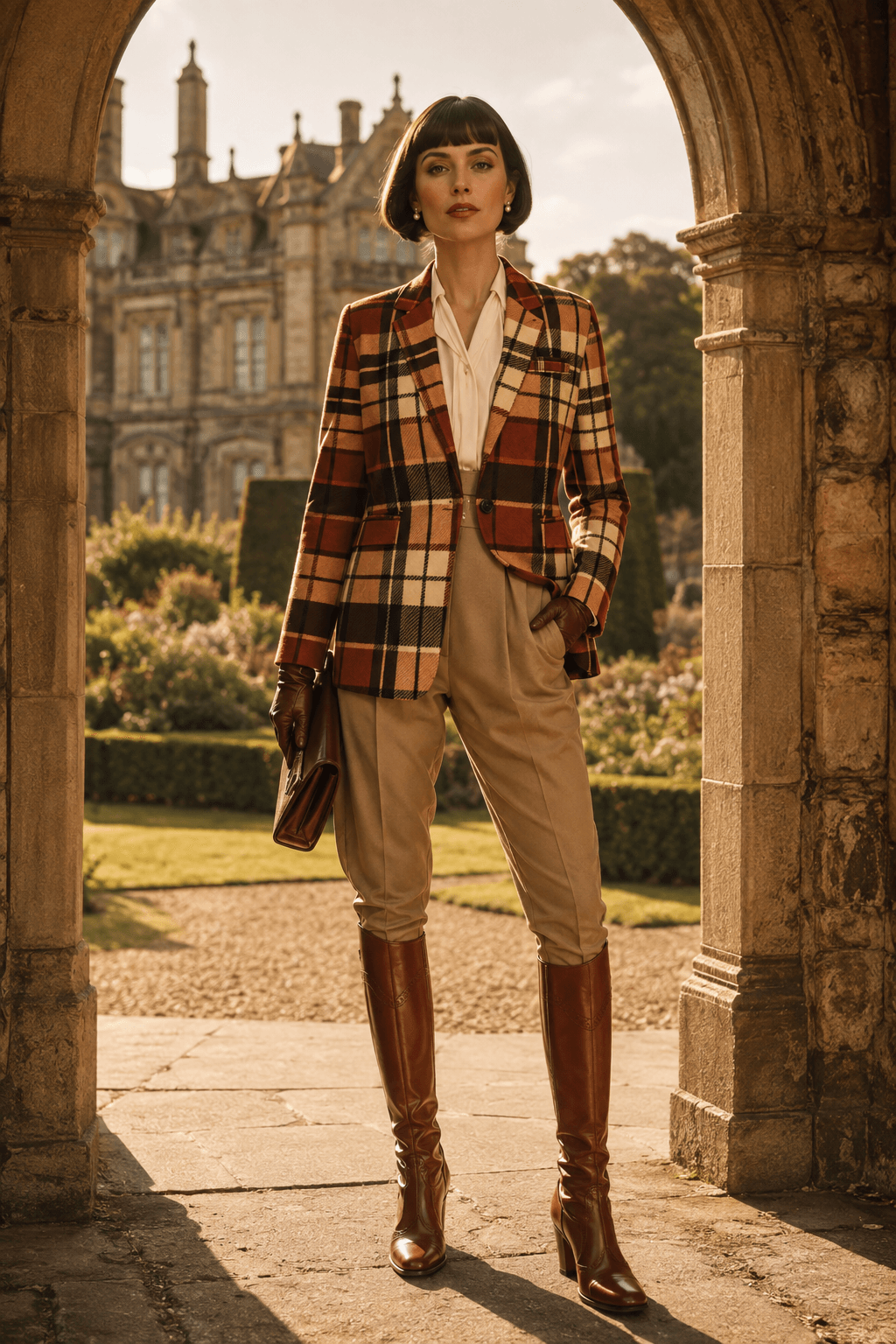 Luxury editorial image of a woman in a fitted brown tartan blazer walking through a historic town, styled in an elevated autumn outfit. The blazer is sharply cut, smooth and well structured, paired with complementary separates for a sophisticated fall look inspired by heritage fashion and timeless city elegance.