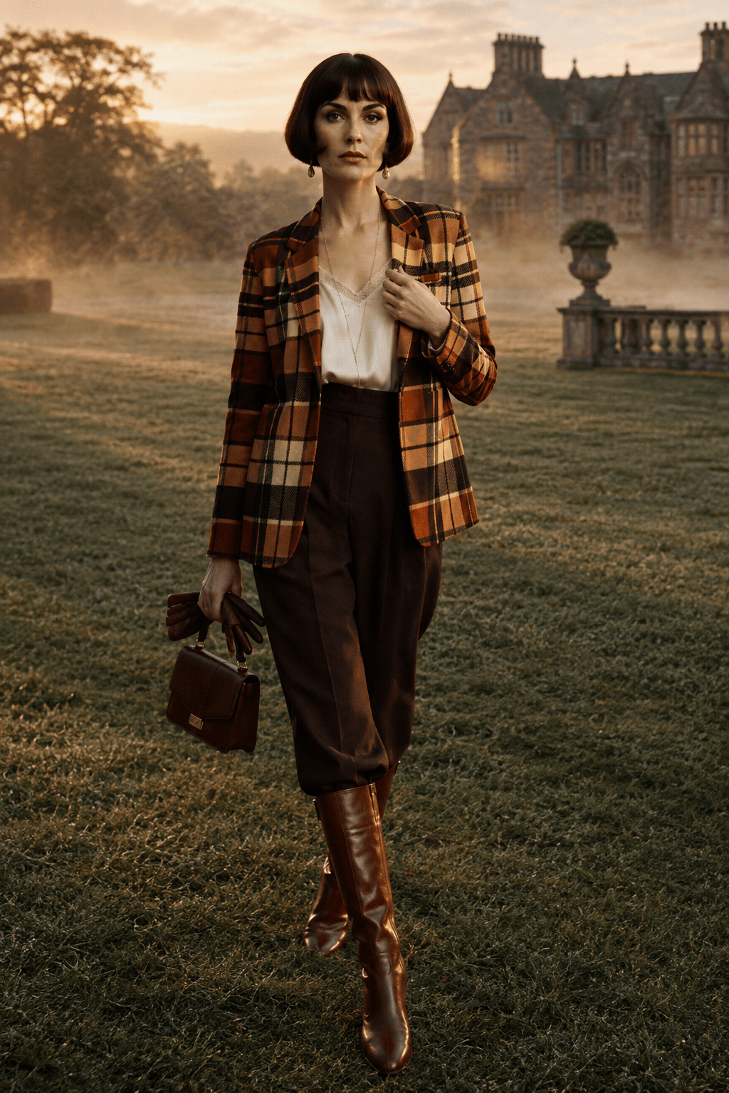 Elegant woman wearing a fitted brown tartan blazer in a luxury dark academia library setting, styled with tailored trousers and a refined top. The blazer appears smooth, structured and neatly tailored, with a polished silhouette that highlights the waist and creates a sophisticated autumn outfit.