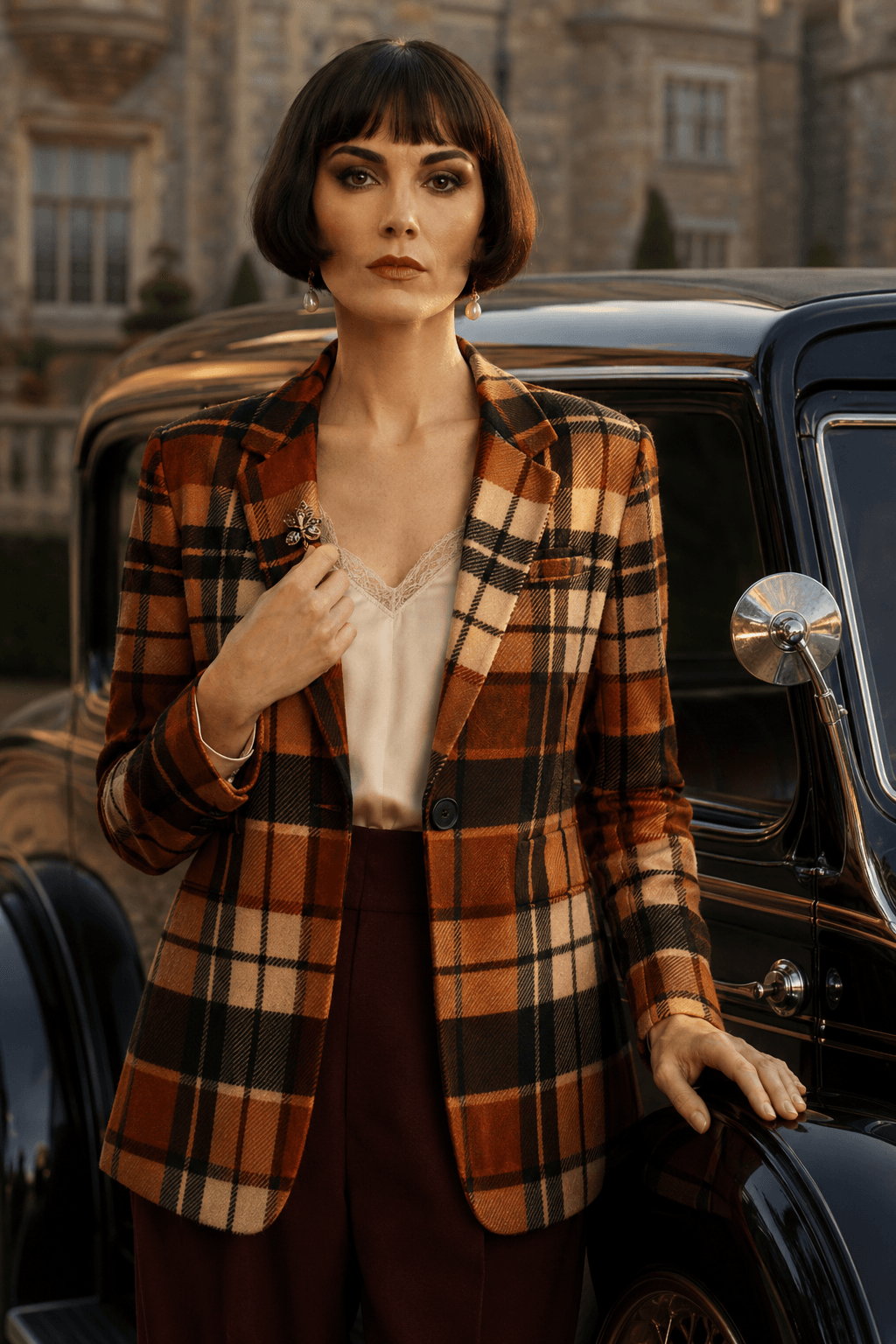 Woman styled in a luxury brown tartan blazer inside an elegant orangery, wearing a polished autumn outfit with refined accessories. The blazer appears smooth, fitted and carefully tailored, with a clean silhouette that enhances the premium tartan design and creates a chic fall fashion statement.