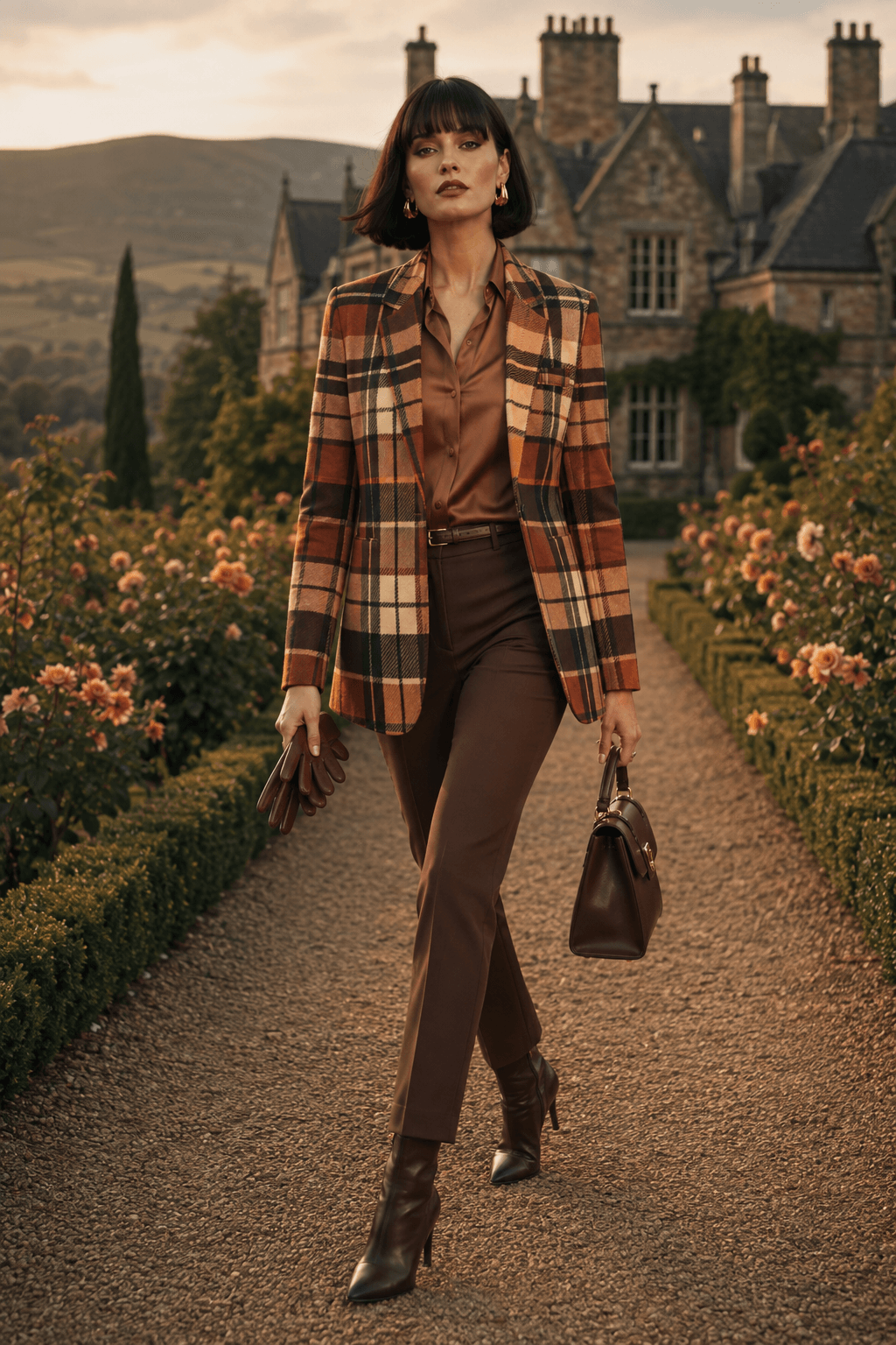 Woman styled in a luxury brown tartan blazer inside an elegant orangery, wearing a polished autumn outfit with refined accessories. The blazer appears smooth, fitted and carefully tailored, with a clean silhouette that enhances the premium tartan design and creates a chic fall fashion statement.