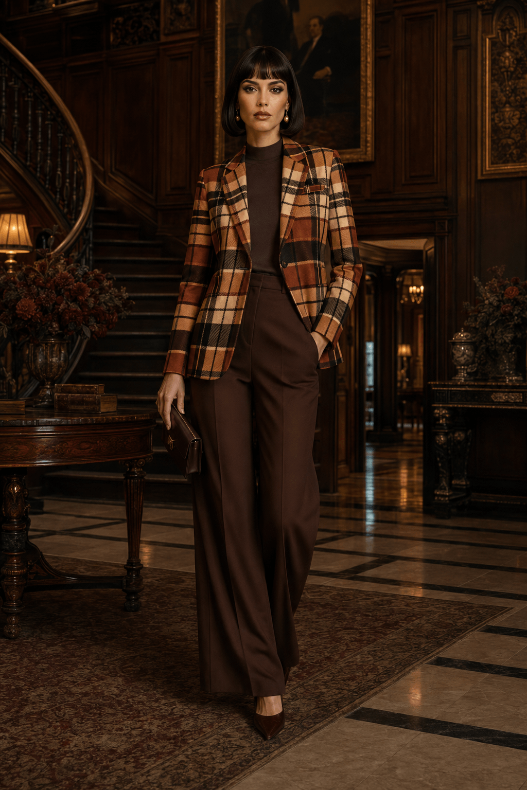 Sophisticated autumn campaign image of a woman wearing a brown tartan blazer on a stone terrace, styled with a full luxury outfit in rich fall tones. The blazer looks tailored, structured and free of creasing, making it the hero piece in an elegant heritage-inspired womenswear look.