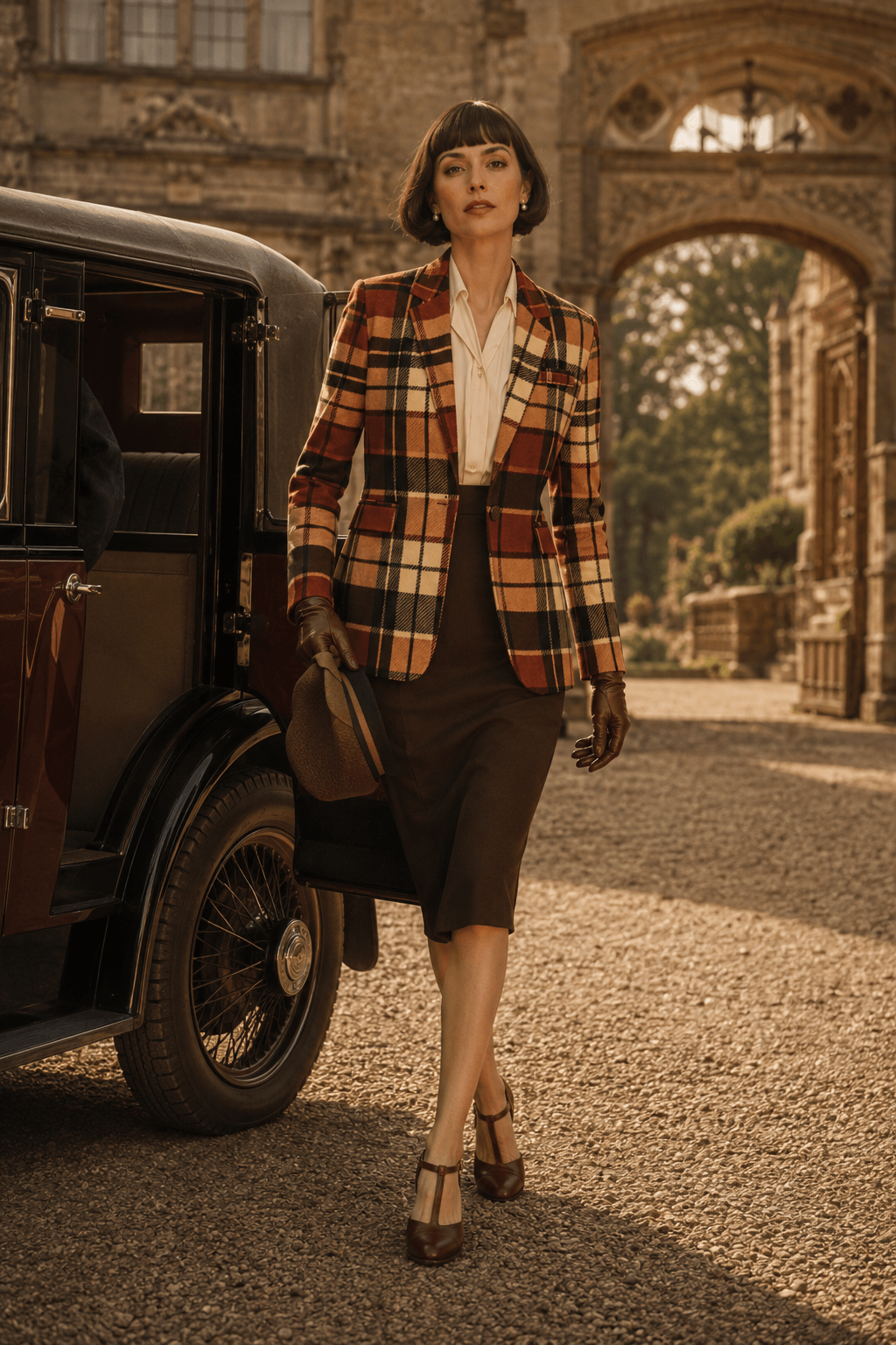 Women’s fitted brown tartan blazer styled for a luxury dark academia outfit with an elegant blouse, tailored bottoms and classic accessories, creating a refined autumn look inspired by historic English manor fashion.