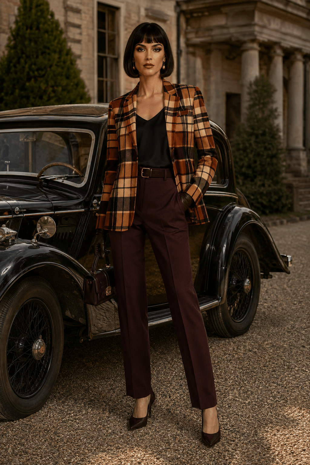 Brown tartan statement blazer for women styled as the hero piece of an elegant autumn outfit, with a smooth tailored fit, defined lapels and rich heritage plaid pattern paired with refined English country inspired accessories.