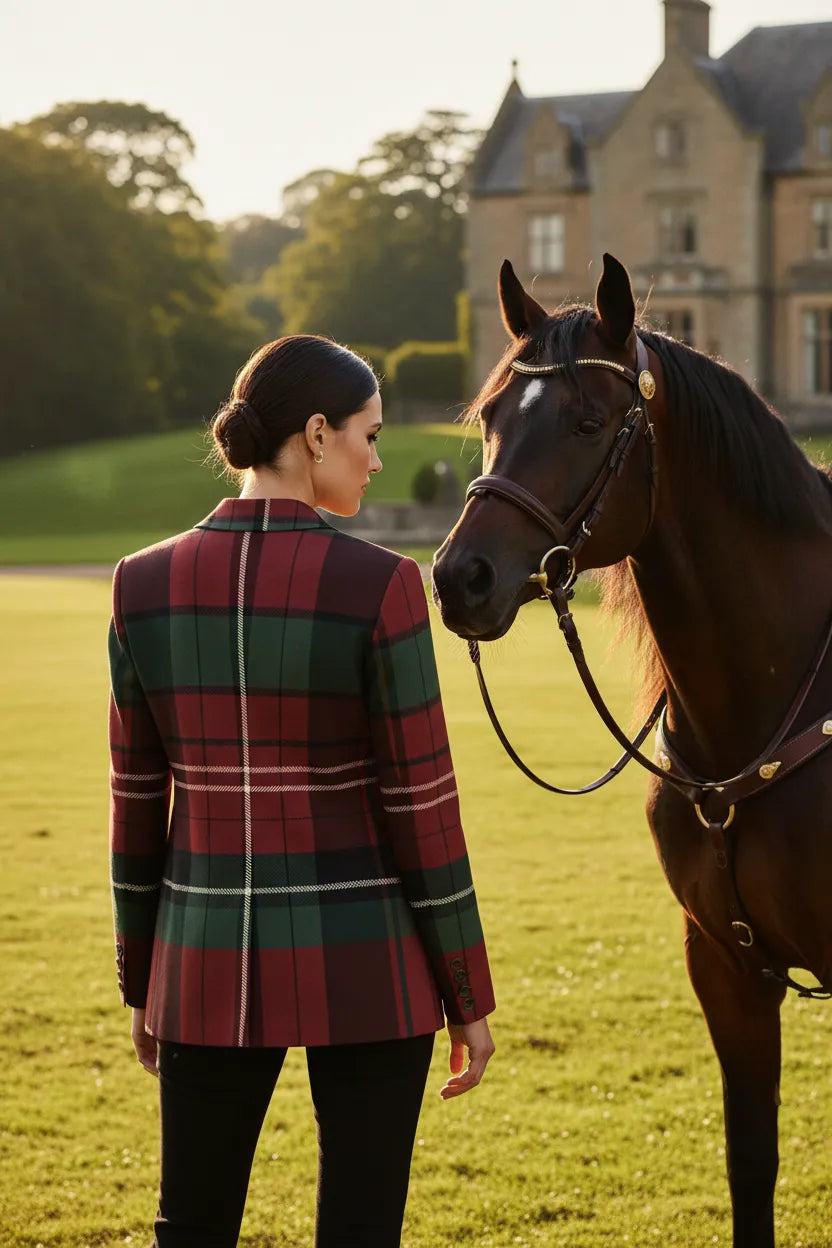 Woman wearing a burgundy and green plaid jacket for women standing next to a horse outdoors