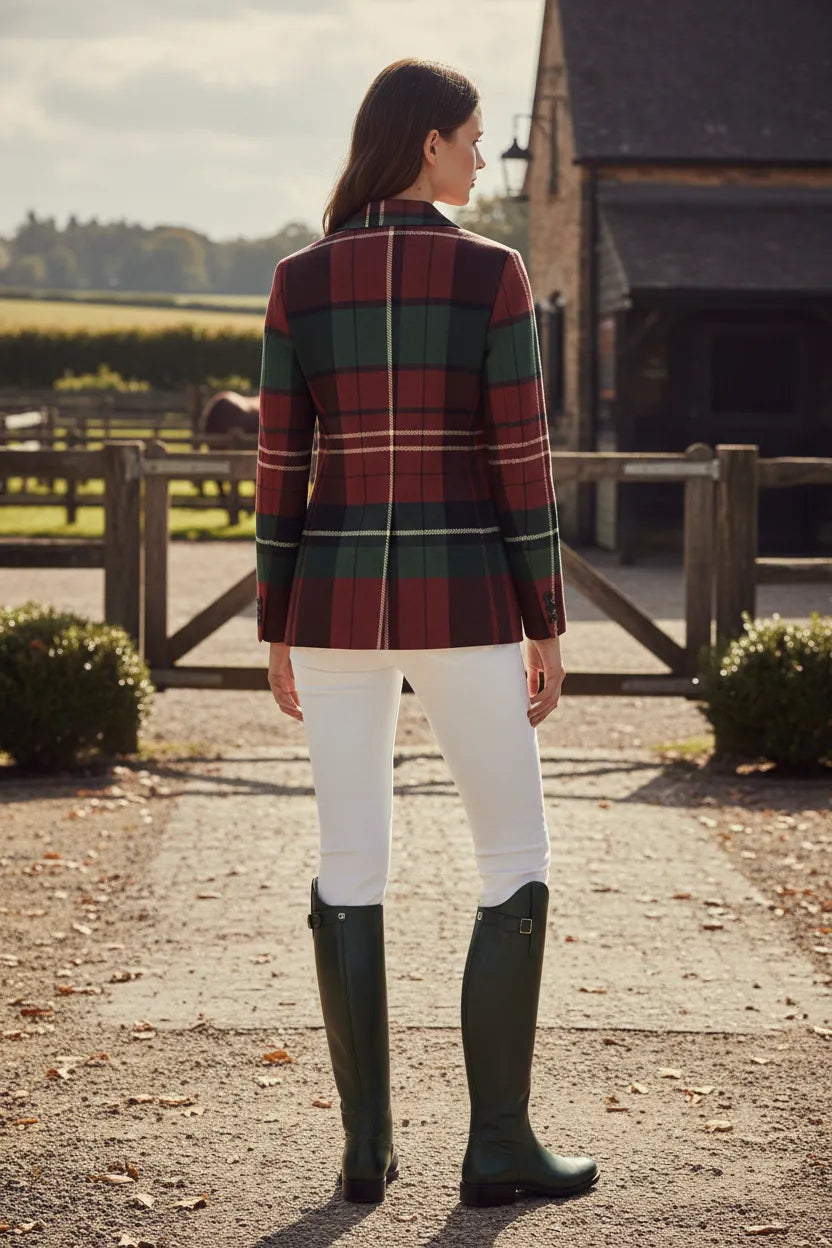 Back view of woman wearing burgundy and green plaid jacket for women paired with white pants and black boots