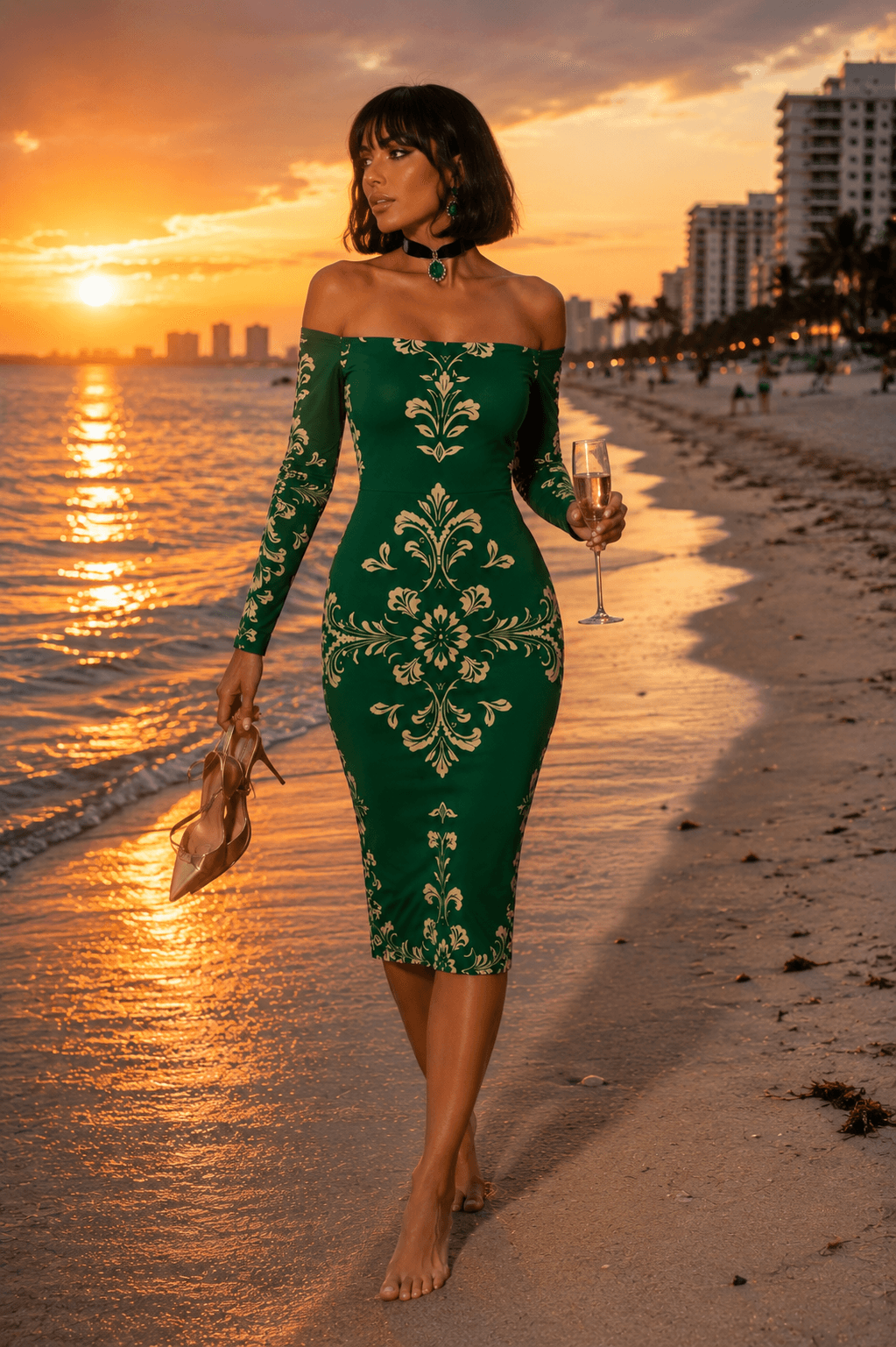 Green Baroque Off Shoulder Bodycon Dress Elegant Luxury Evening Outfit