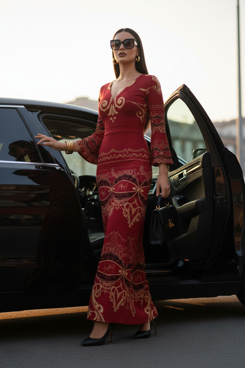 Burgundy Baroque V-Neck Long Sleeve Maxi Dress Elegant Evening Outfit Formal