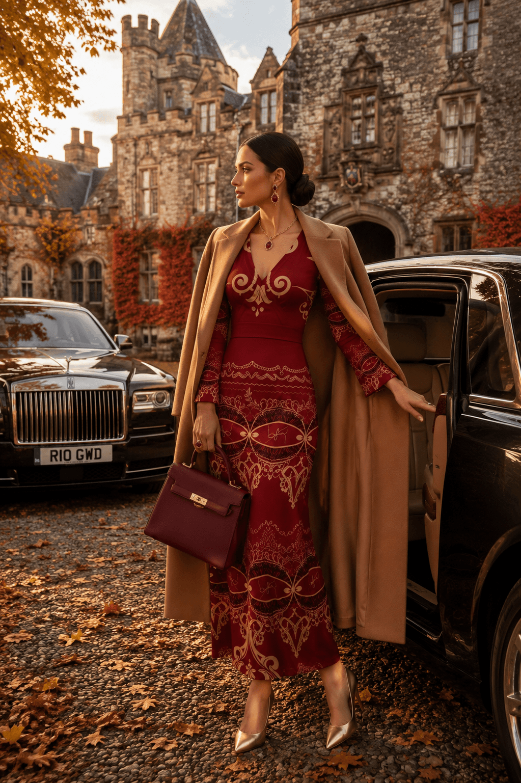 Burgundy Baroque V-Neck Long Sleeve Maxi Dress Elegant Evening Outfit Style