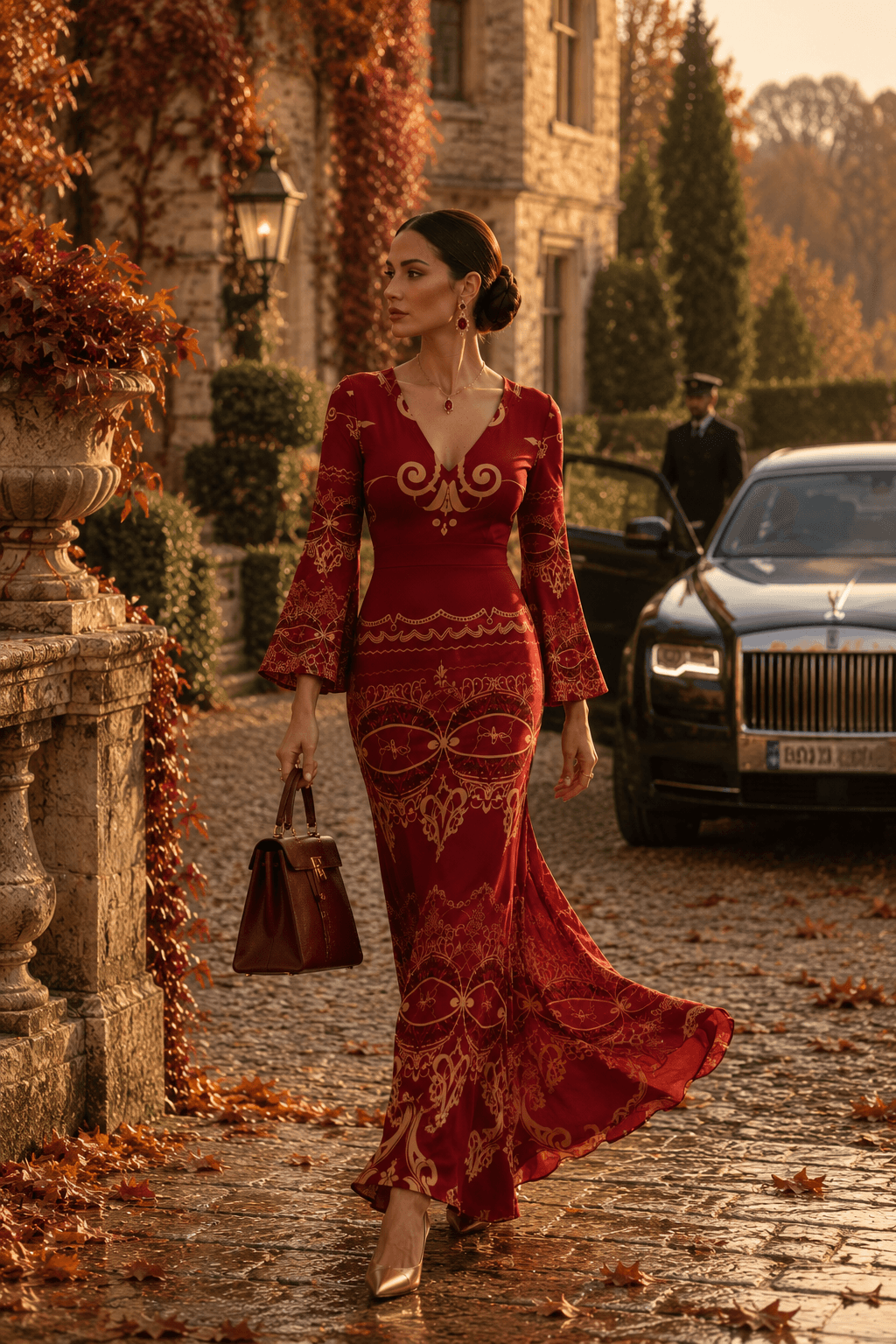 Burgundy Baroque V-Neck Long Sleeve Maxi Dress Elegant Evening Outfit with Gold Patterns