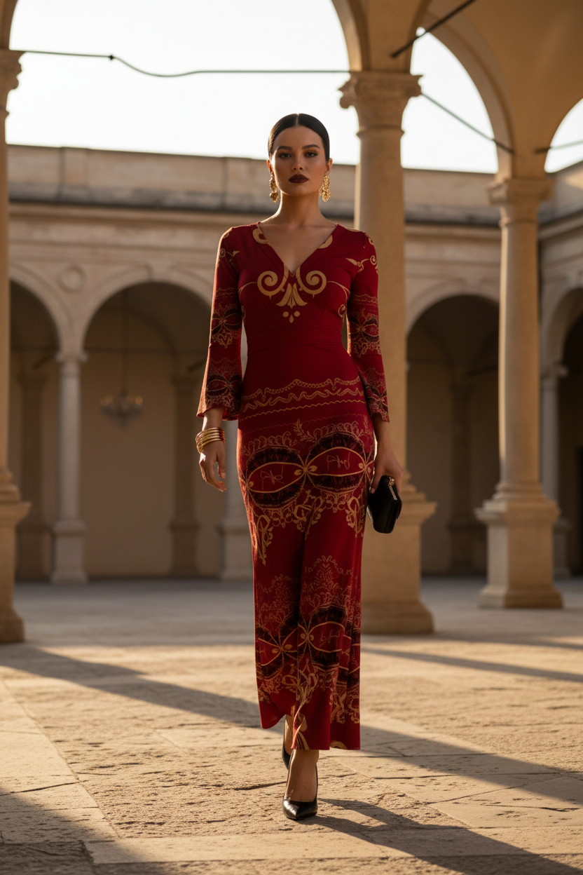 Burgundy Baroque V-Neck Long Sleeve maxi dress Elegant Evening Outfit
