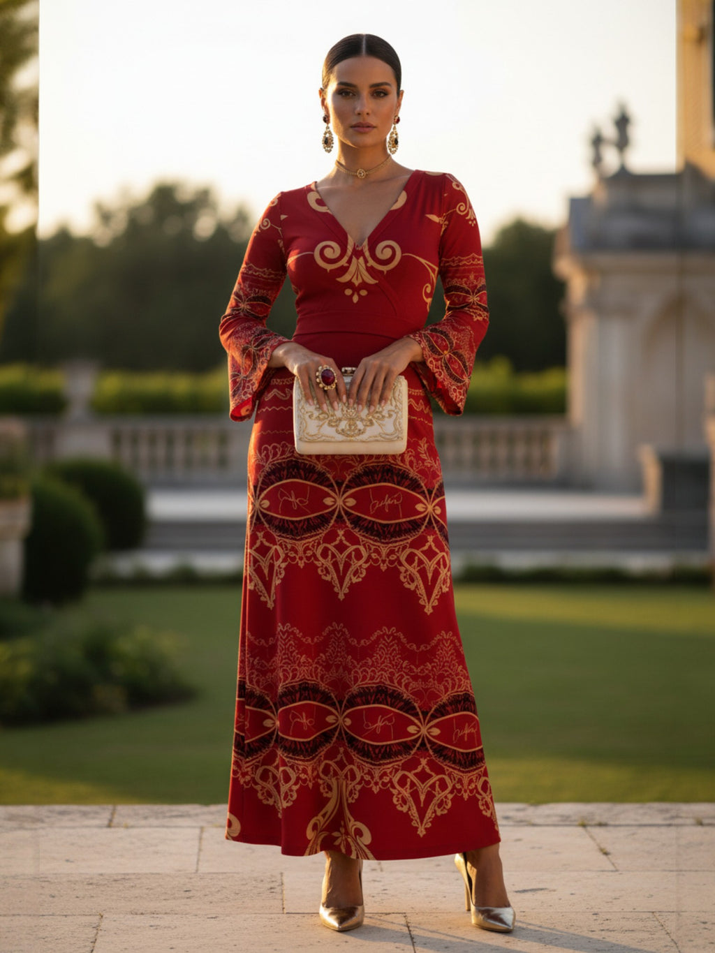 Burgundy Baroque V-Neck Long Sleeve maxi dress Elegant Evening Outfit with Flared Sleeves