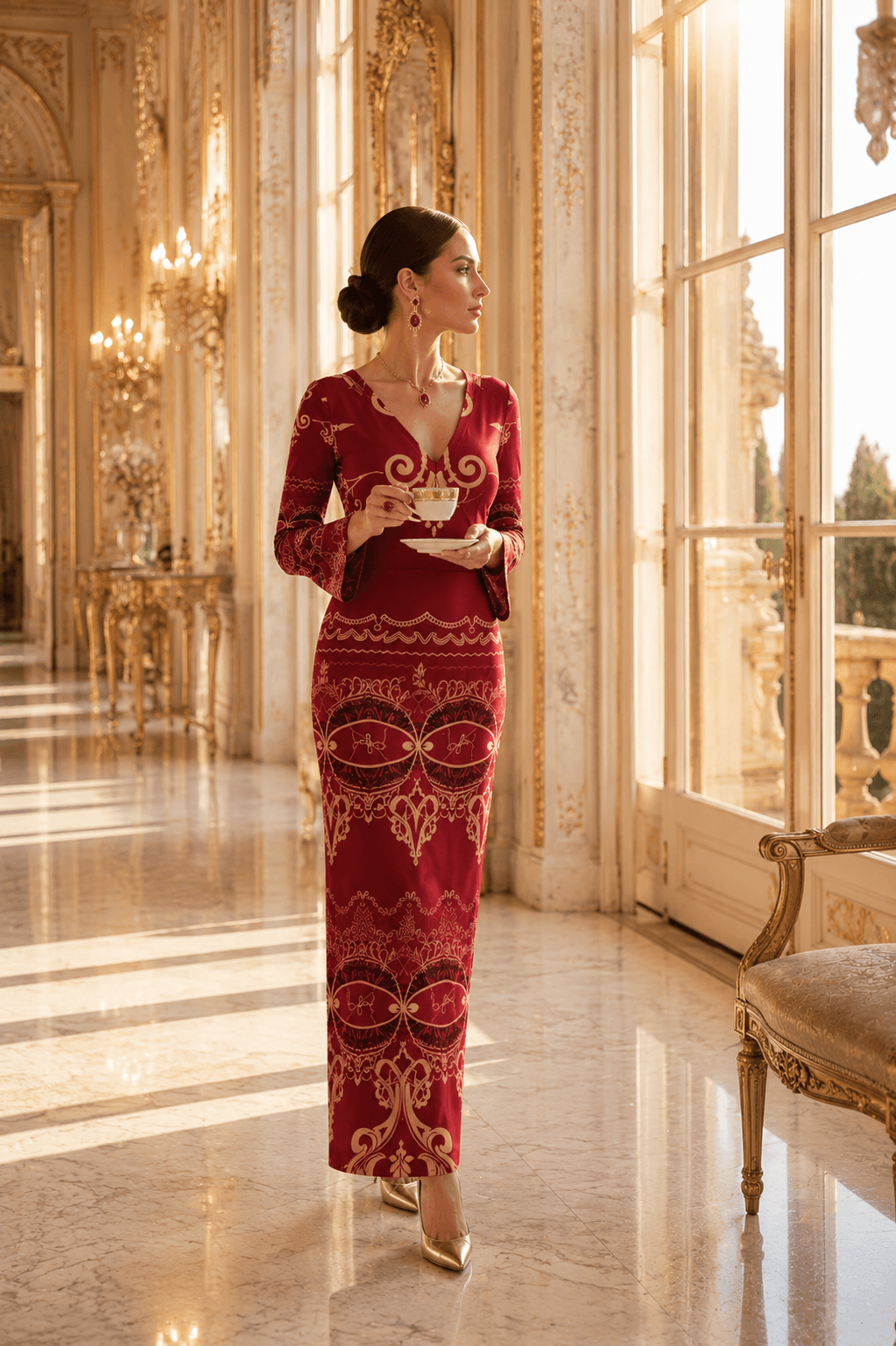 Burgundy Baroque V-Neck Long Sleeve maxi dress Elegant Evening Outfit Woman