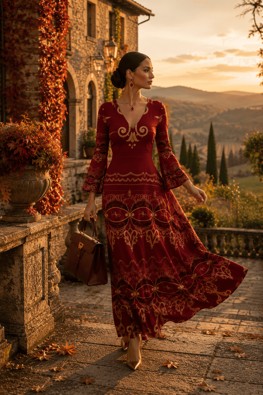 Burgundy Baroque V-Neck Long Sleeve maxi dress elegant evening outfit flowing fabric