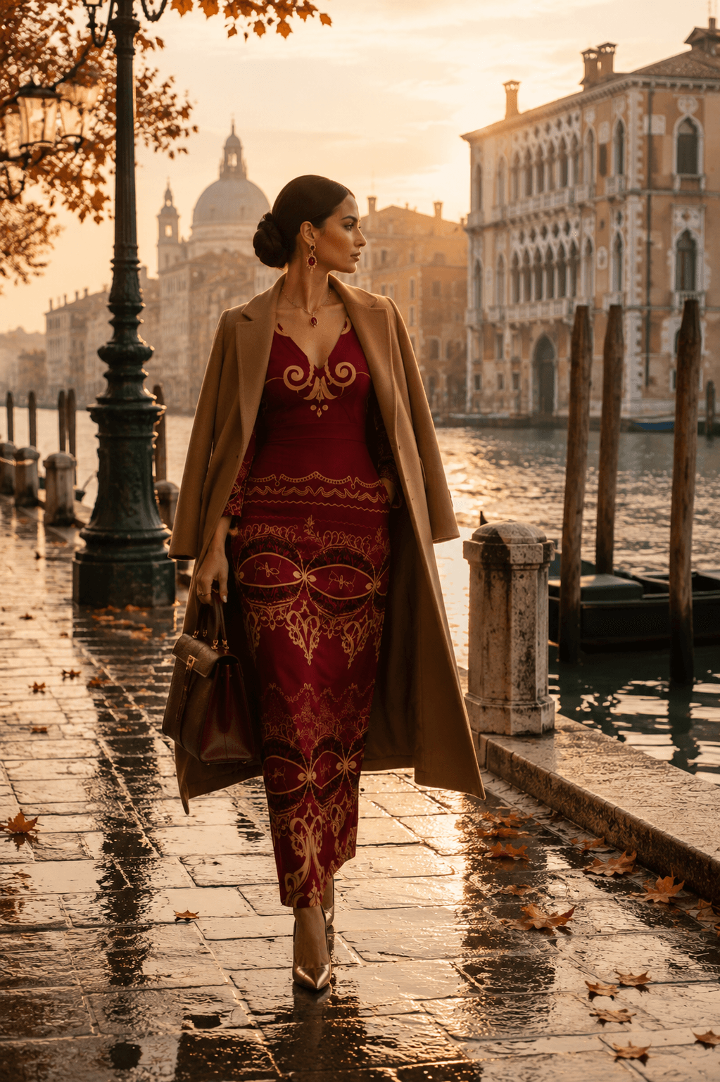 Burgundy Baroque V-Neck Long Sleeve Maxi Dress Elegant Evening Outfit