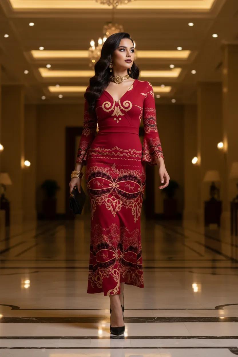 Burgundy Baroque V-Neck Long Sleeve maxi dress elegant evening outfit formal design
