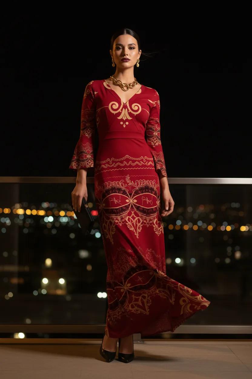 Burgundy Baroque V-Neck Long Sleeve Maxi Dress Elegant Evening Outfit Stylish Design