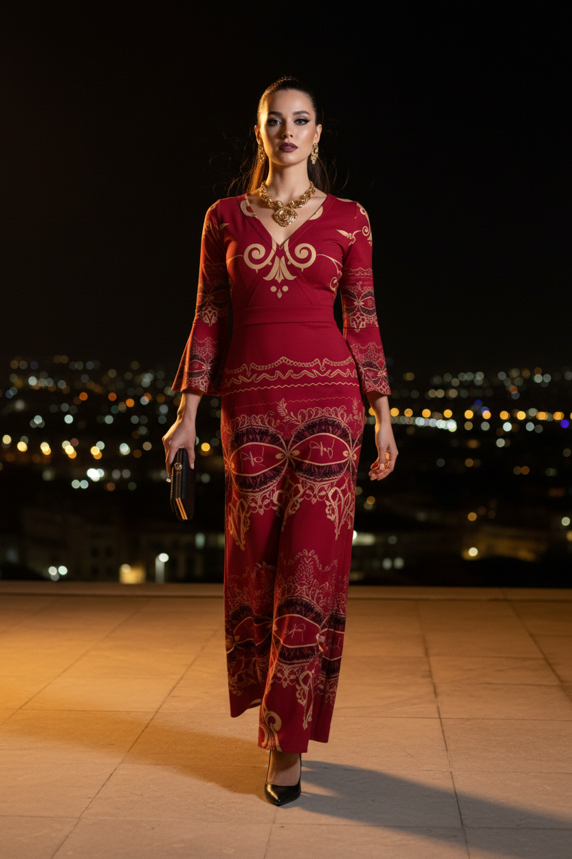 Burgundy Baroque V-Neck Long Sleeve Maxi Dress Elegant Evening Outfit Stylish Look