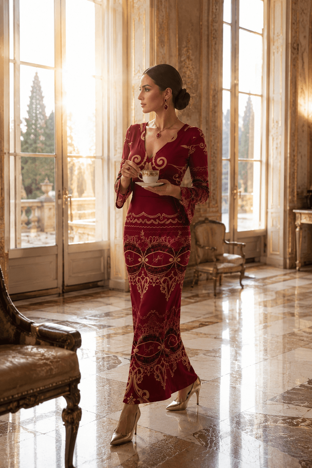 Burgundy Baroque V-Neck Long Sleeve maxi dress elegant evening outfit refined style