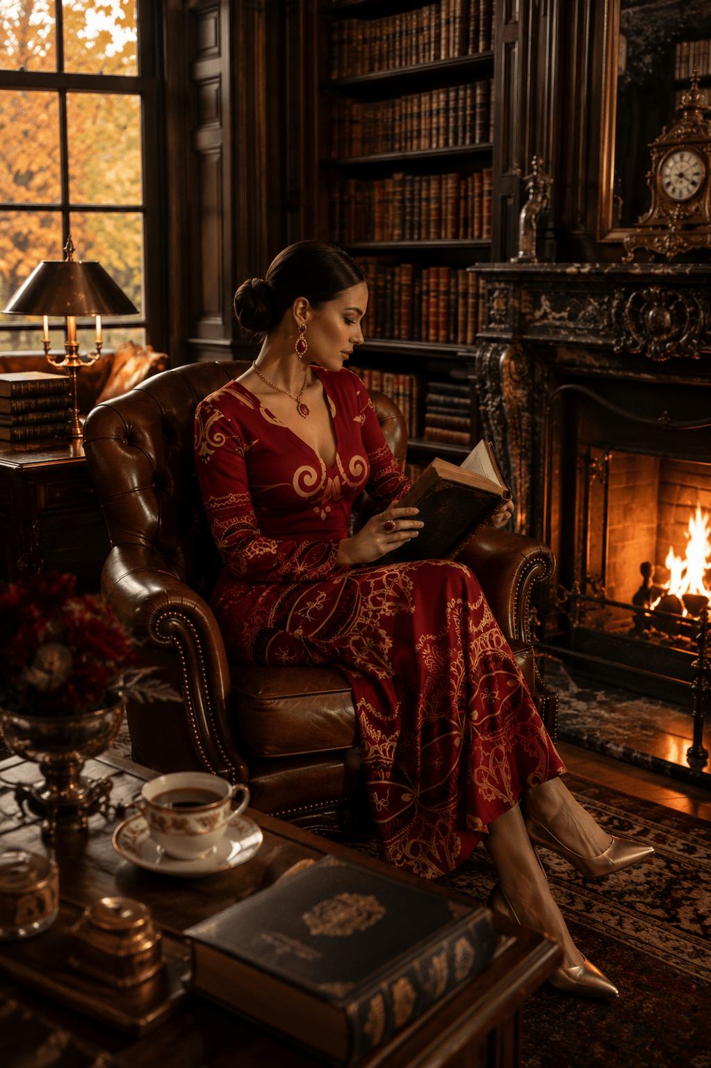 Burgundy Baroque V-Neck Long Sleeve maxi dress Elegant Evening Outfit