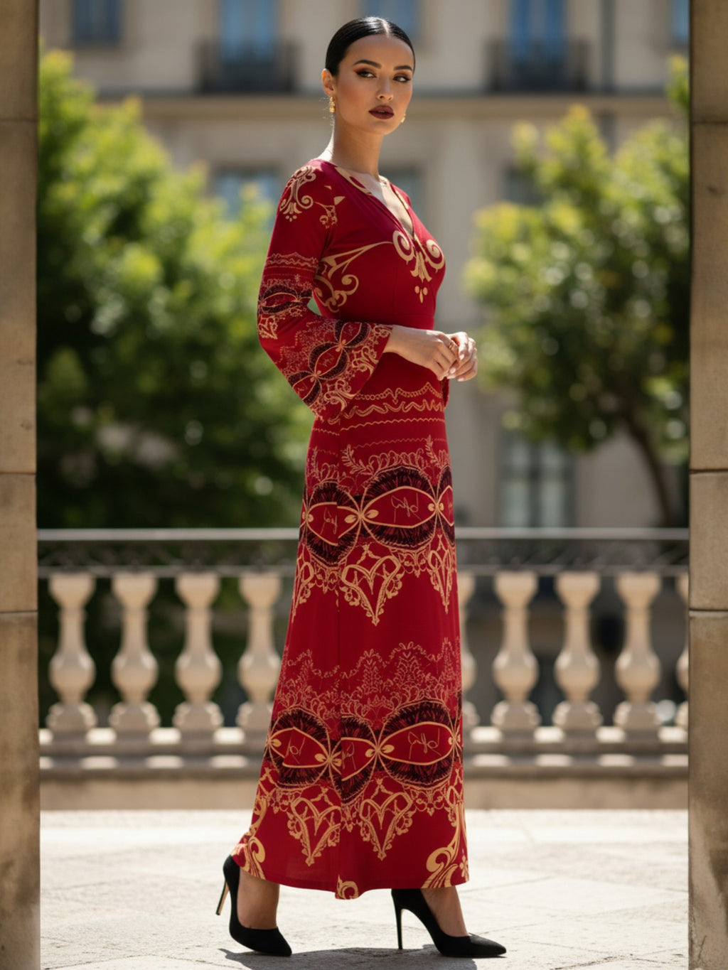 Burgundy Baroque V-Neck Long Sleeve Maxi Dress Elegant Evening Outfit Fashion