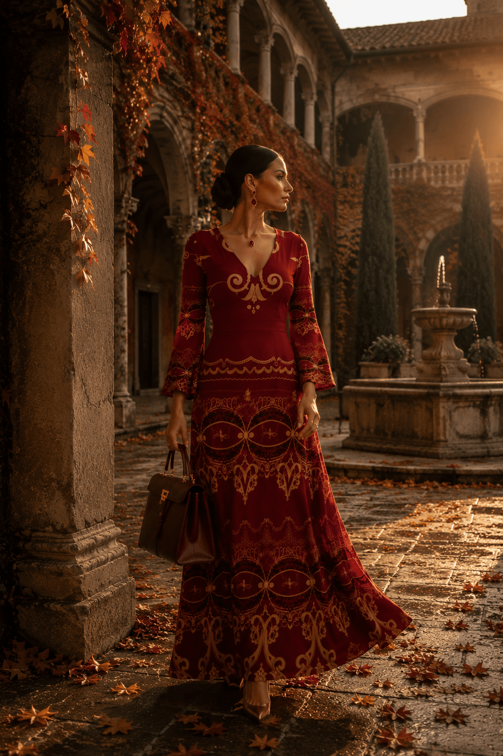 Burgundy Baroque V-Neck Long Sleeve Maxi Dress Elegant Evening Outfit with Classic Design
