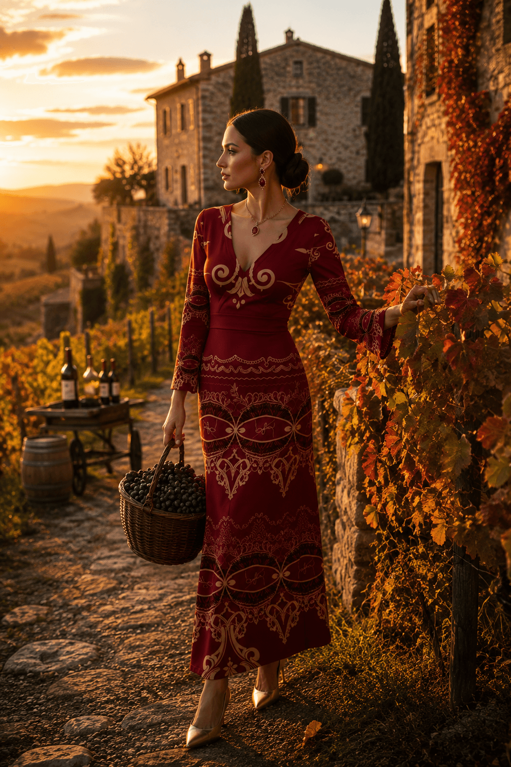 Burgundy Baroque V-Neck Long Sleeve Maxi Dress Elegant Evening Outfit with Unique Pattern