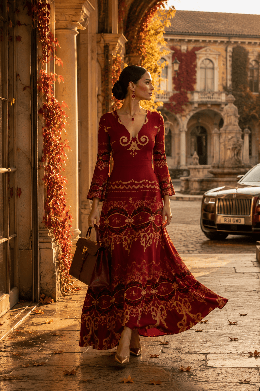Burgundy Baroque V-Neck Long Sleeve maxi dress Elegant Evening Outfit Flowing Skirt
